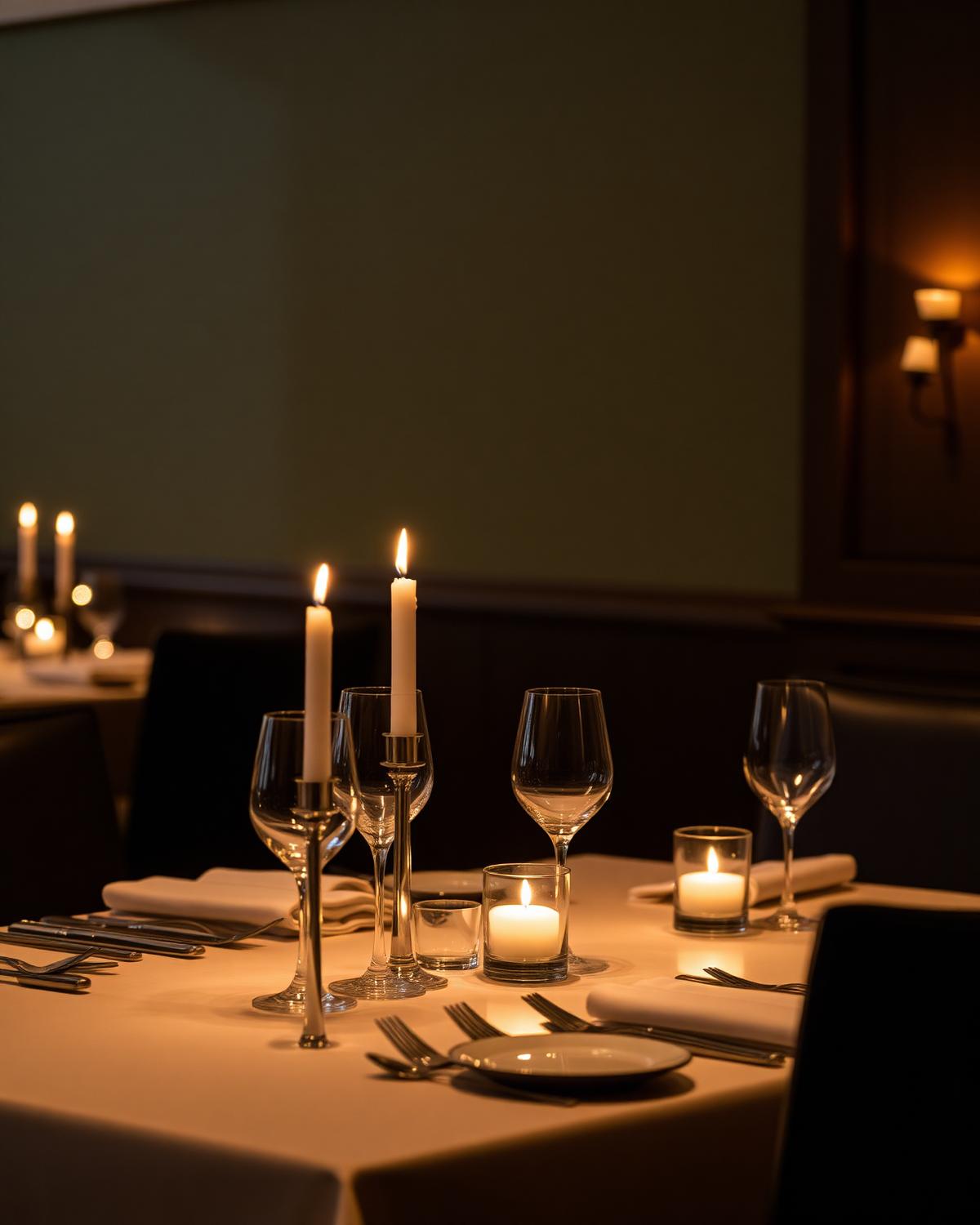 Candlelit table set for an intimate private dining experience
